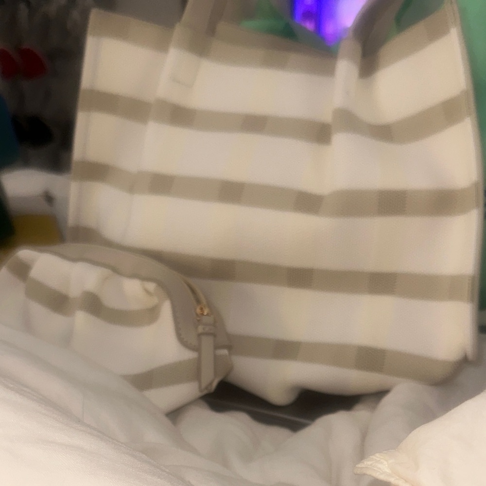 Neiman Marcus Striped Canvas Tote and Pouch - Cream and Beige